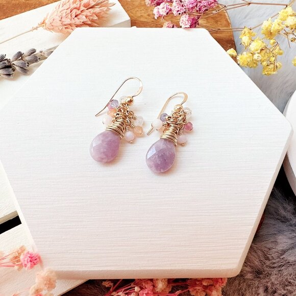 New Lepidolite and Mini Gemstone Cluster Earrings | Handmade in BC - Picture 5 of 5